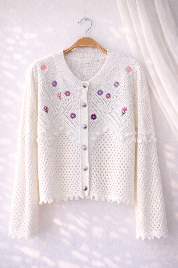 Embroidered Romantic Cardigan for Women in Beige