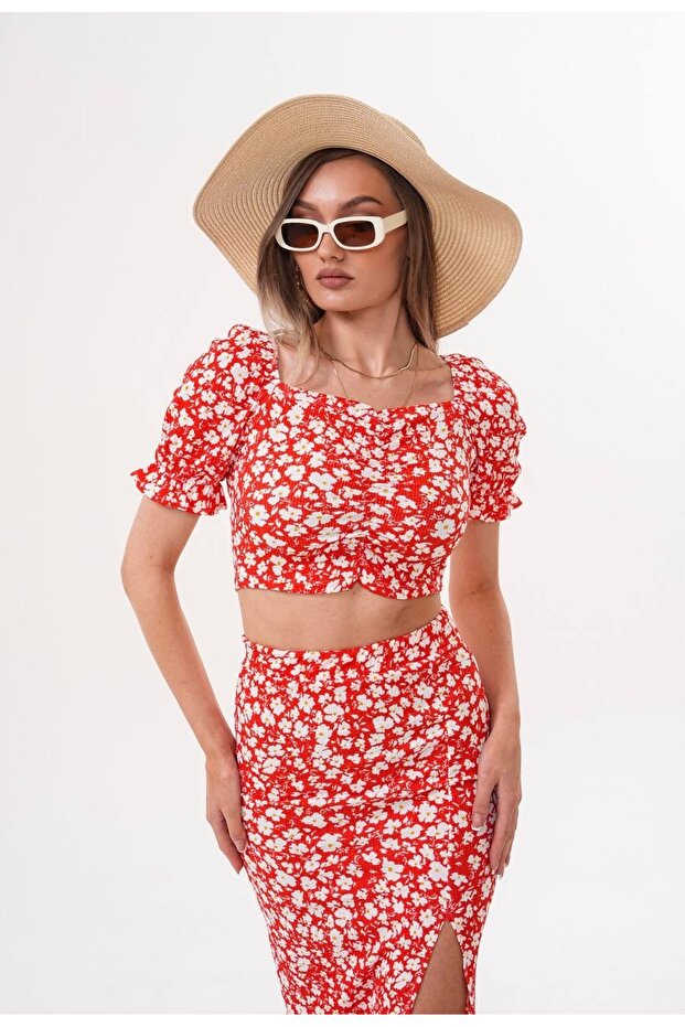 Women's Patterned Cropped Blouse and Slit Skirt Top and Bottom Set
