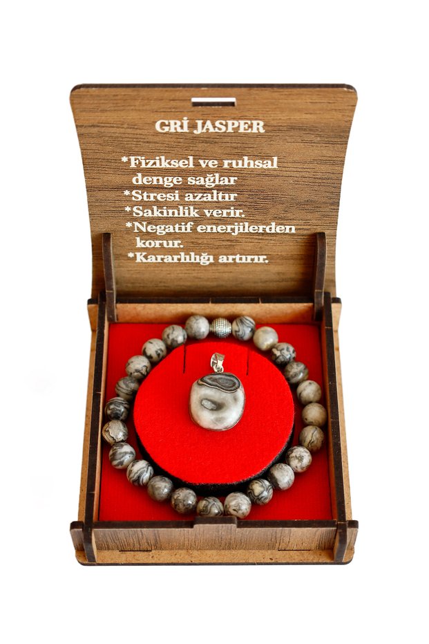 Gray Jasper Natural Stone Bracelet and Necklace Set – Special Design with Box | Unisex Energy Set