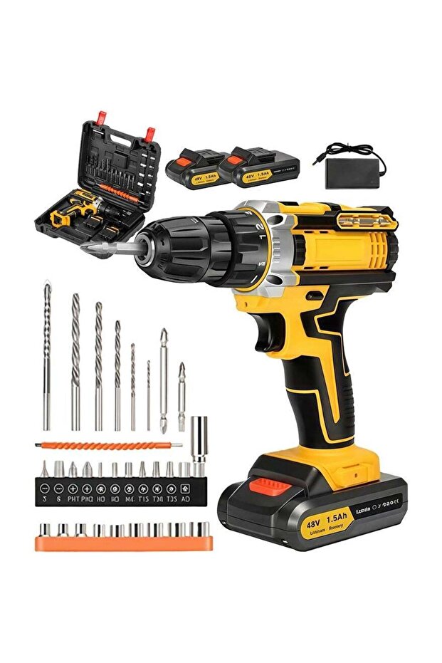 48V Cordless Drill Set with 2 Batteries, Fast Charger, Variable Speed, 24 Accessories & 3/8"