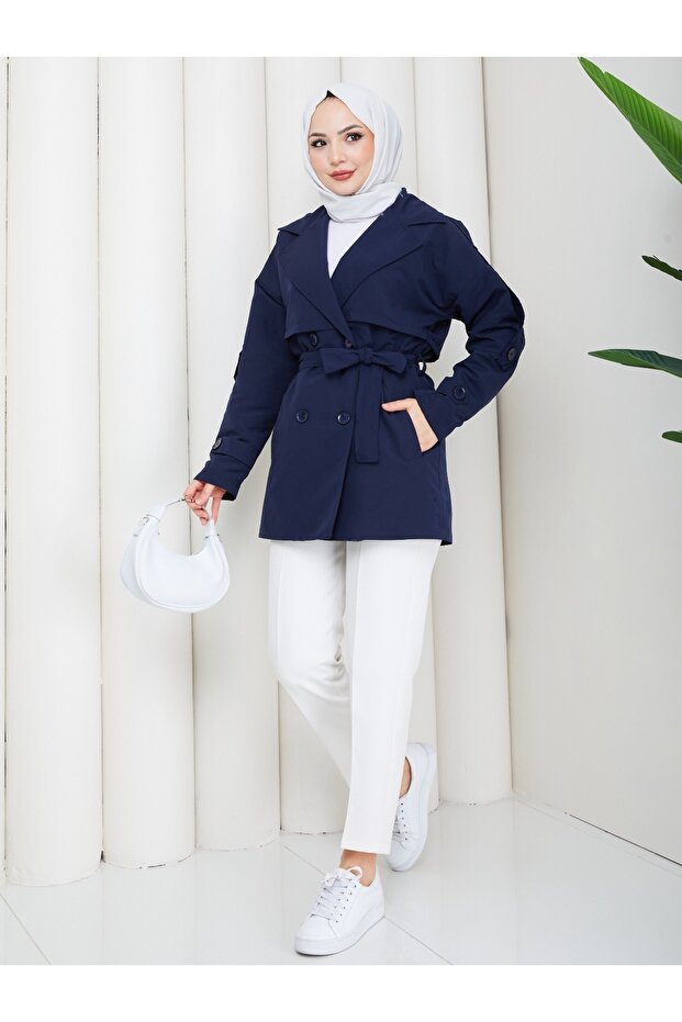 Linen Buttoned and Belted Double-Breasted Collar Trench Coat