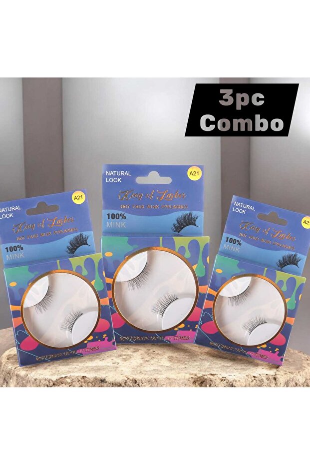 3-Piece Faux Mink Eyelashes Natural Volume Lightweight Reusable Soft Curl Lash Set A21