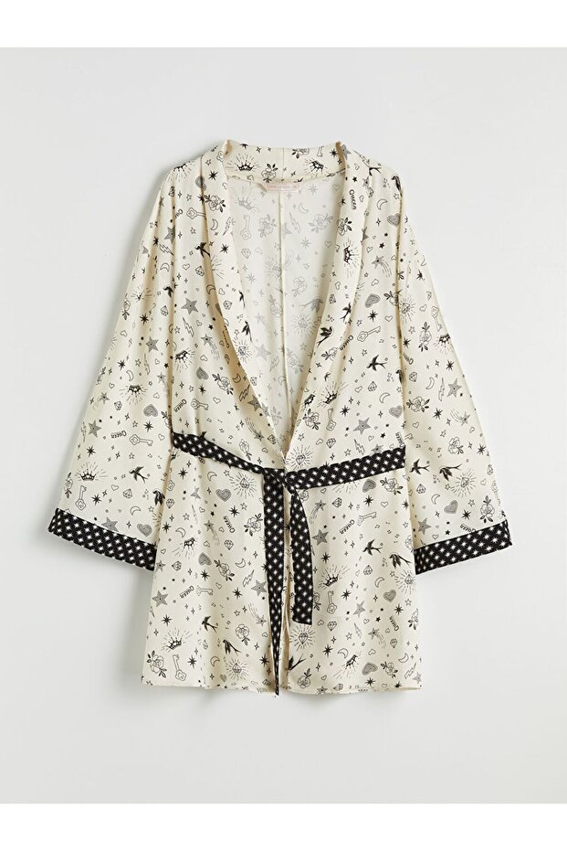Lcw Dream Ecru Shawl Collar Patterned Women's Dressing Gown
