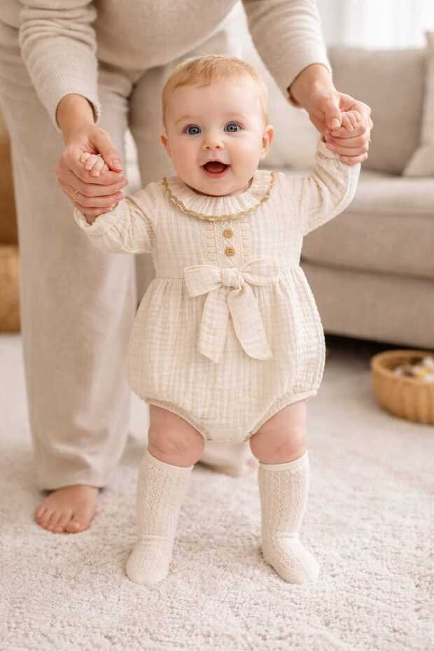Unez Mini Cazyen Bow Detail Muslin Baby Bodysuit Set (with Socks as a Gift)