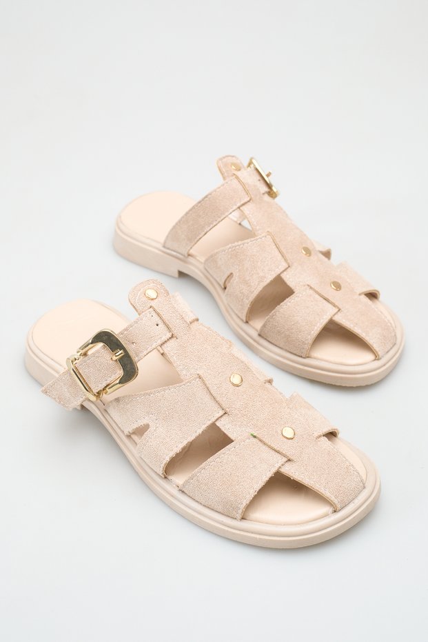Women's Skin Suede Buckle Detail Flat Sole Slipper