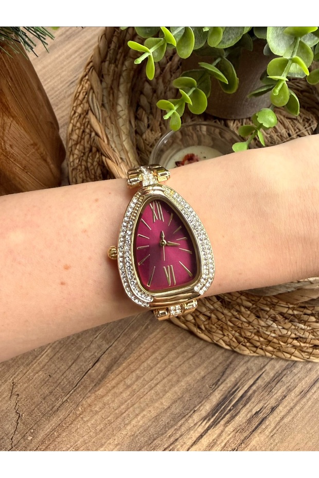 Triangle Stone Gold Inside Burgundy Women's Wristwatch