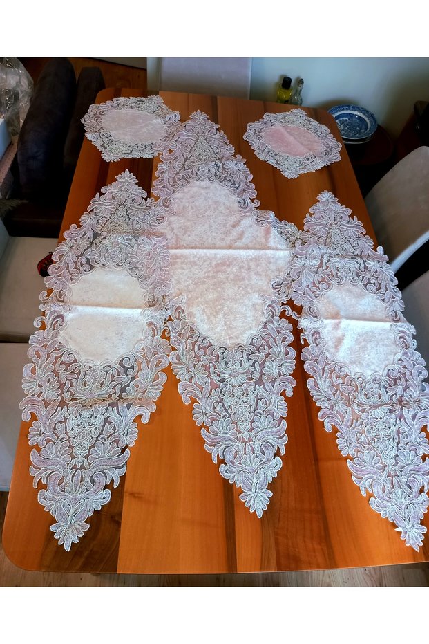 Living Room Set Tablecloth Table Runner Set, Powder Pink Velvet Above, Lace Pieces, 5 Pieces