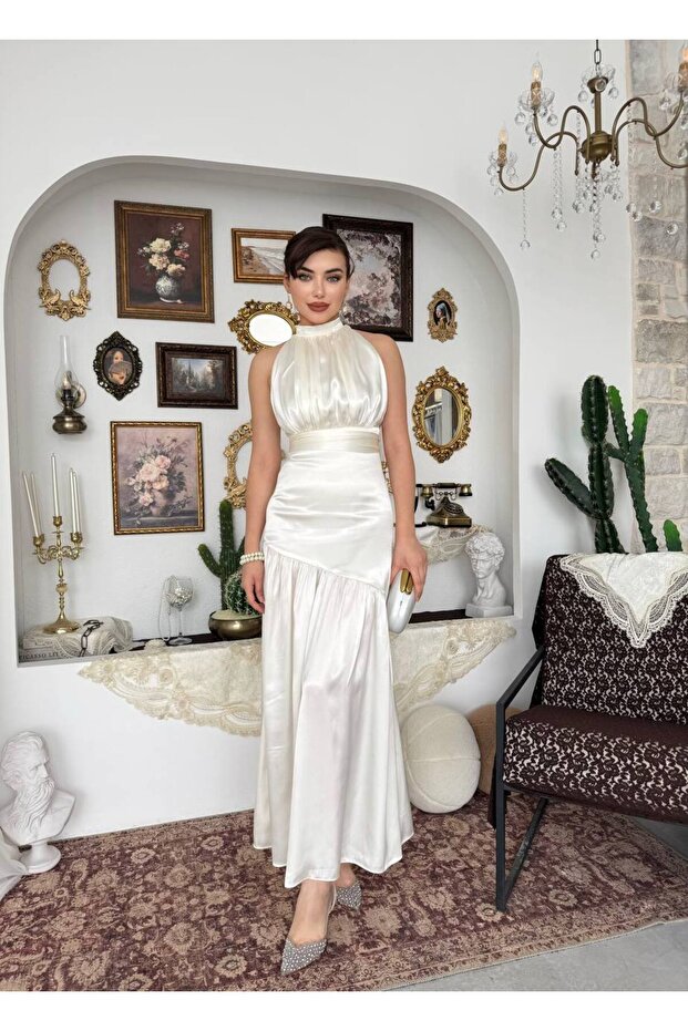 Drapeli Halter Yaka Uzun Elbise - 8