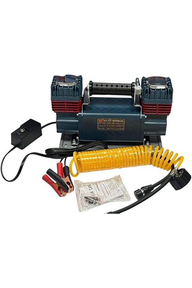 Heavy Duty Portable Air Compressor, Dual Cylinder, Navy Blue and Red, with Coiled Air Hose, Battery