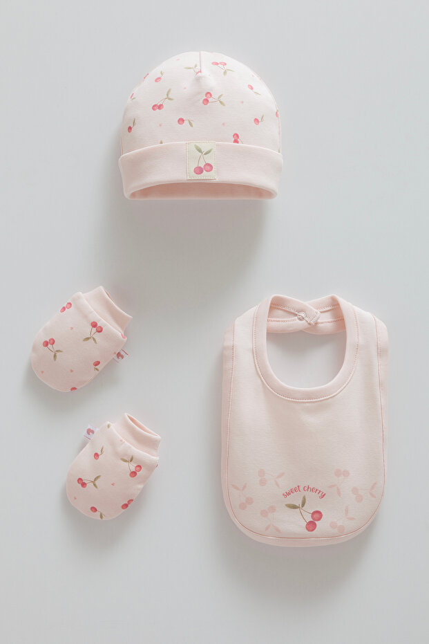Baby Girl Set of 4 Pink Cherry Patterned 100% Cotton Hat, Bib and Gloves Set Gift Set Boxed