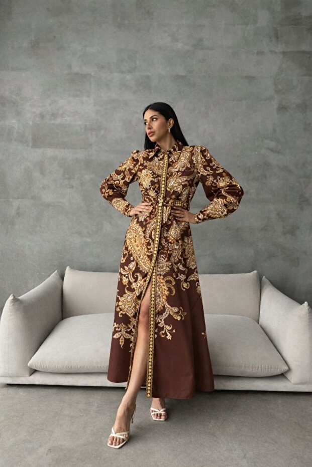 Atlas Fabric Full Buttoned Dress (Including Belt)-Brown-4220 Nhn120