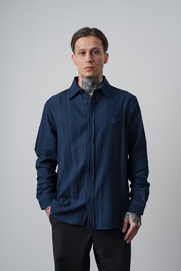 Men's Embroidery Detailed Long Sleeve Muslin Oversized Shirt Navy Blue