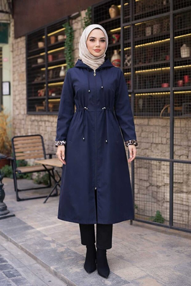 Plus Size Leopard Detail Inside Detail Battal Araboy Zippered Women's Trench Coat