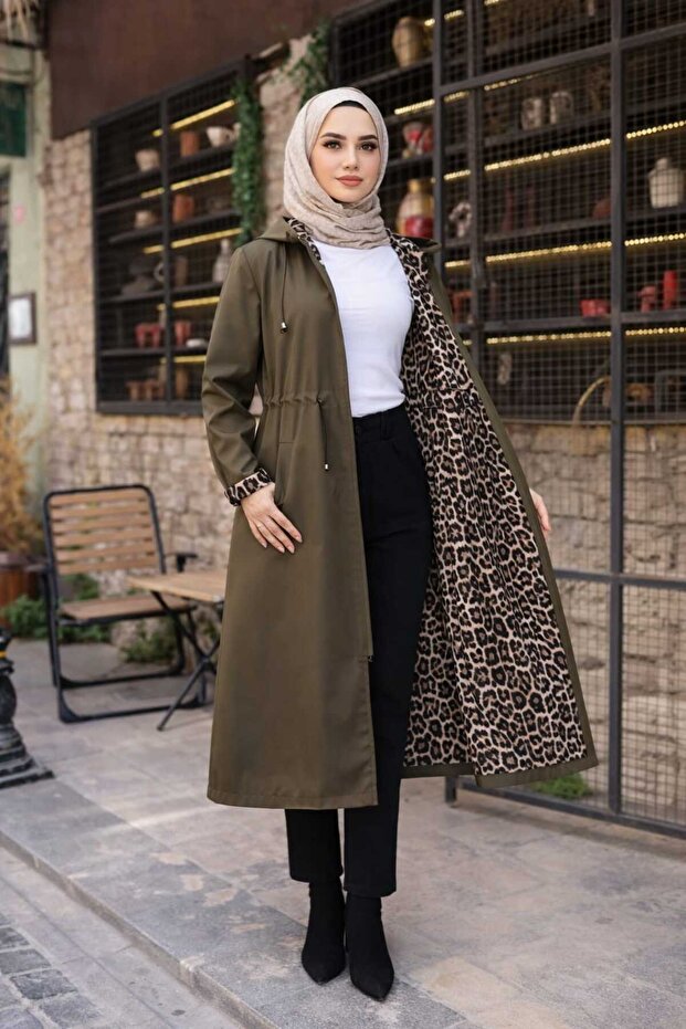 Plus Size Leopard Detail Inside Detail Battal Araboy Zippered Women's Trench Coat