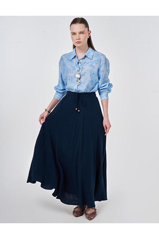 High Waist Ribbed Skirt Dark Navy Blue