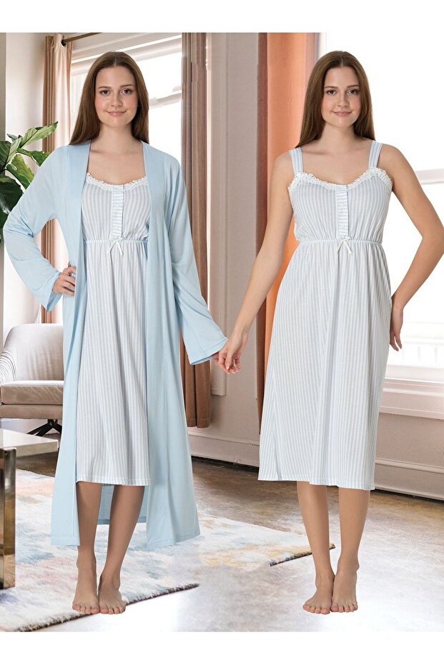 Dvina Maternity Dressing Gown and Striped Patterned Strap Nightgown - Set of 2 - Blue