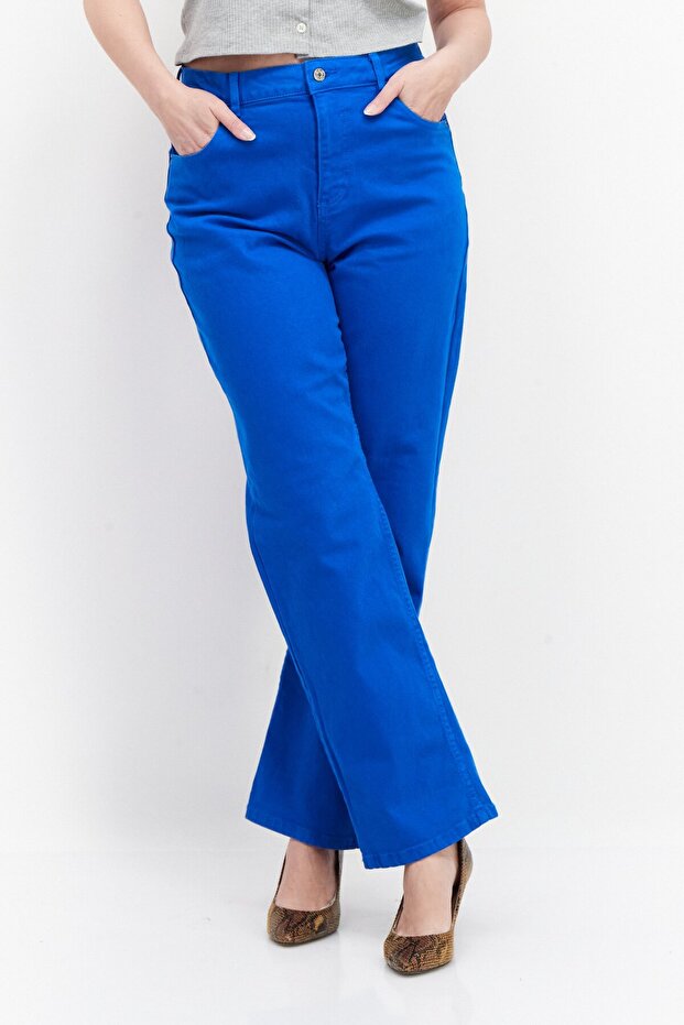 Women Straight Fit Wide Leg Solid Non Stretchable Denim Jeans, Blue