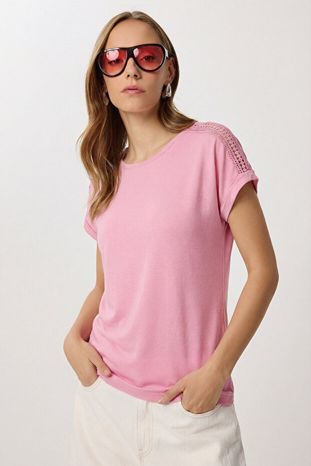 Guipure Detailed Viscose T-Shirt Lrn0006 Pink