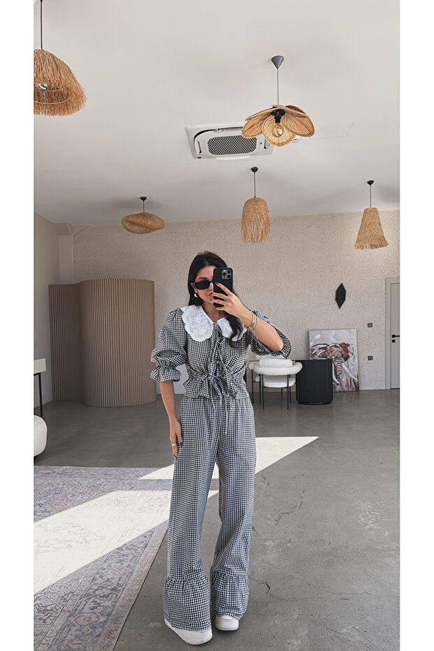 طقم بلوزة وبنطلون أسود نقشة مربعات جنهام ياكاليدو - 4