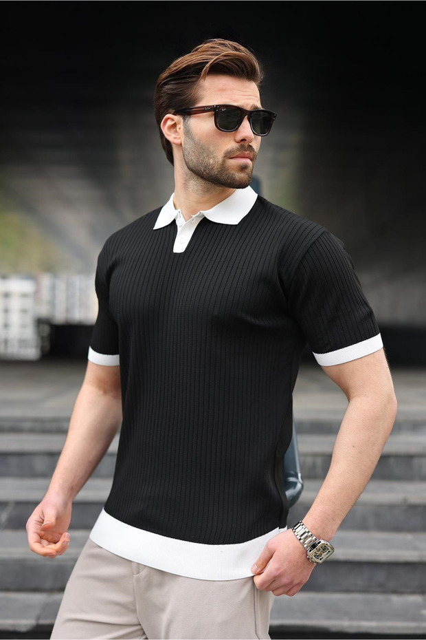 Black Polo Collar Knitwear Men's T-Shirt E7471