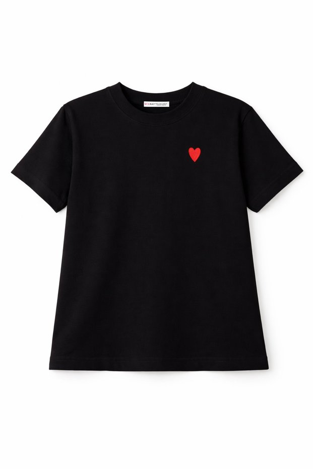 2056 Women's 100% Cotton Heart Embroidered Crew Neck T-Shirt Black