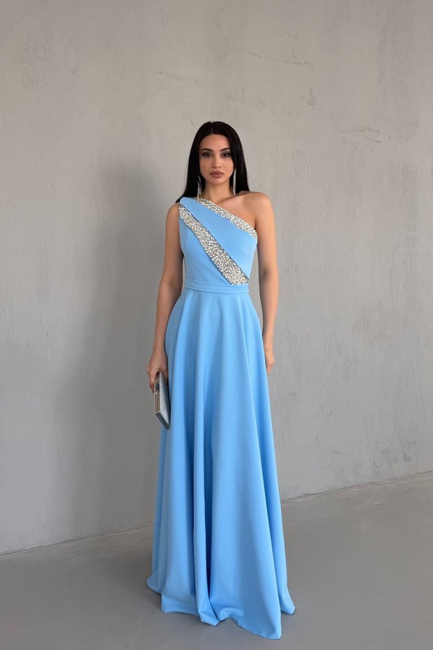 Baby Blue One-Shoulder Stone Embellished Evening Dress