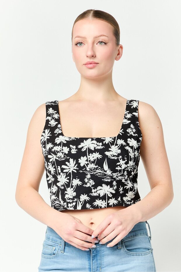 Women Square Neck Sleeveless Allover Print Crop Tank Top, Multicolor