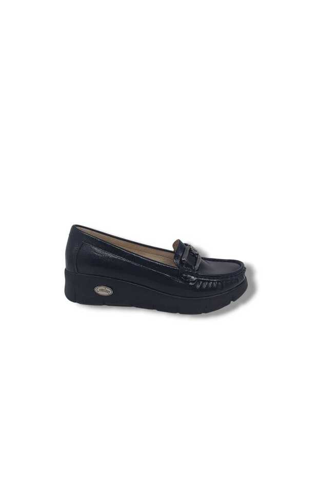 440 Women's Black Patent Leather Stone Shoes Buckled Wedge Heel