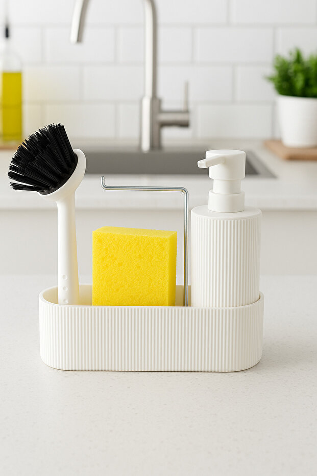 3-Function Dishwashing Liquid Dispenser with Brush, Hanging Sponge Holder, Liquid Soap Dispenser, Detergent Holder