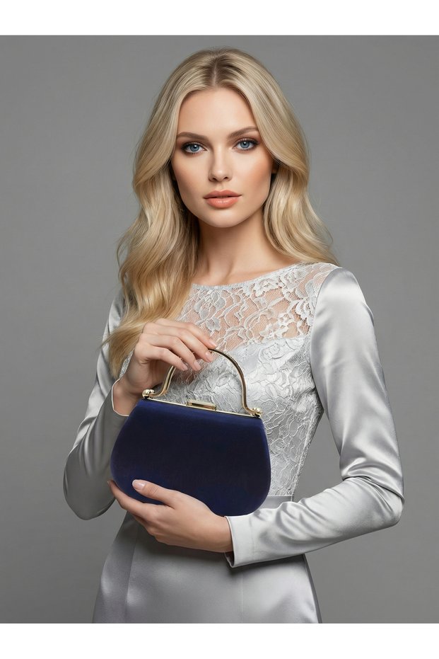 Navy Blue Color Glittery Satin Stone Strappy Chain Women's Evening Dress Bag Wedding Engagement Graduation