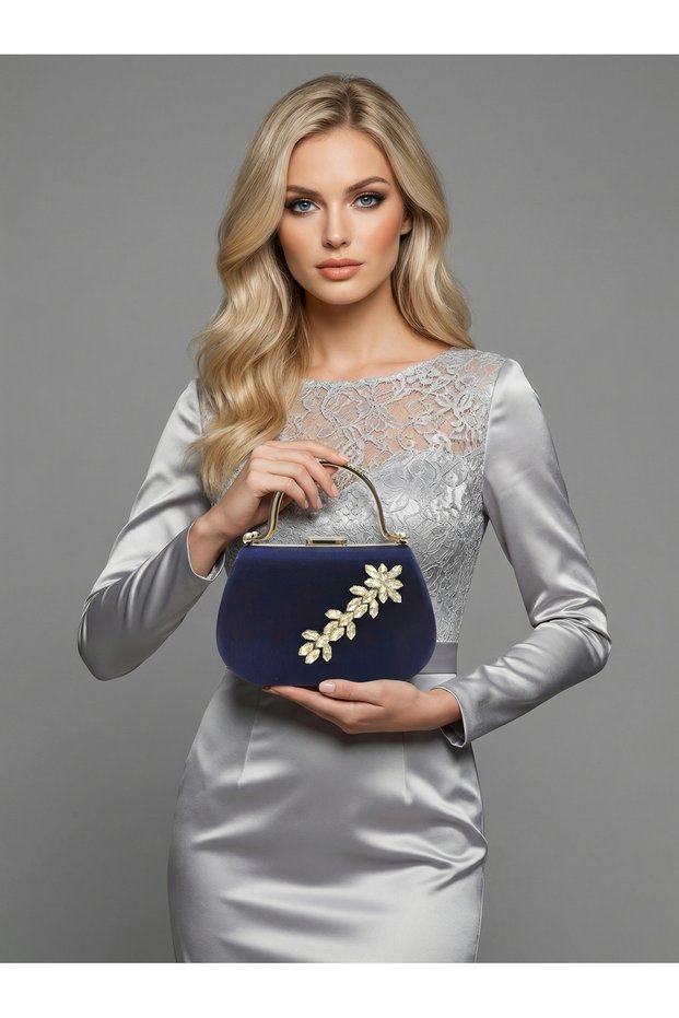 Navy Blue Color Glittery Satin Stone Strappy Chain Women's Evening Dress Bag Wedding Engagement Graduation