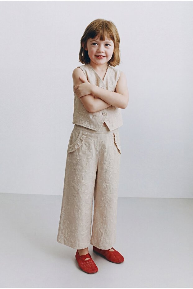 Girl's Cotton Piece Beige Embroidered Vest and Pants Set