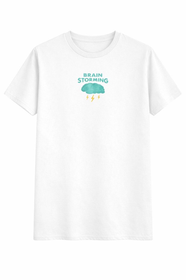 Unisex Printed T-Shirt Brain Storming Oversized 100% Cotton Black White Crew Neck Casual Streetwear
