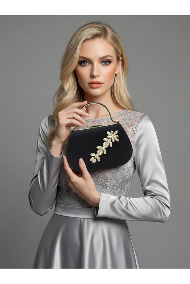 Black Color Glittery Satin Stone Strappy Chain Women's Evening Dress Bag Wedding Engagement Graduation