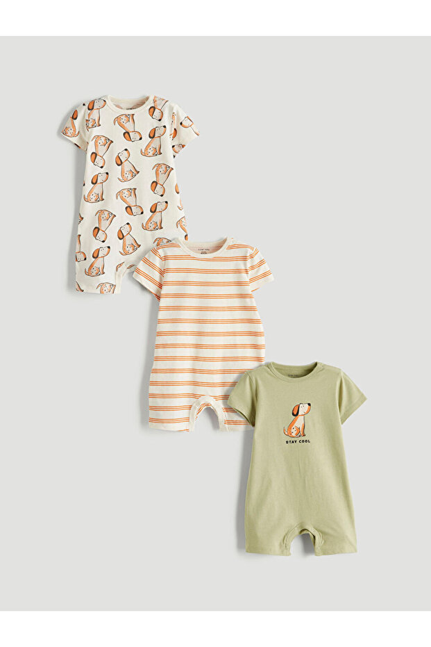 Ecru Crew Neck Bas Printed Cake Baby Combed Cotton Jumpsuit 3-Piece Set from Güli̇s Gi̇yi̇m