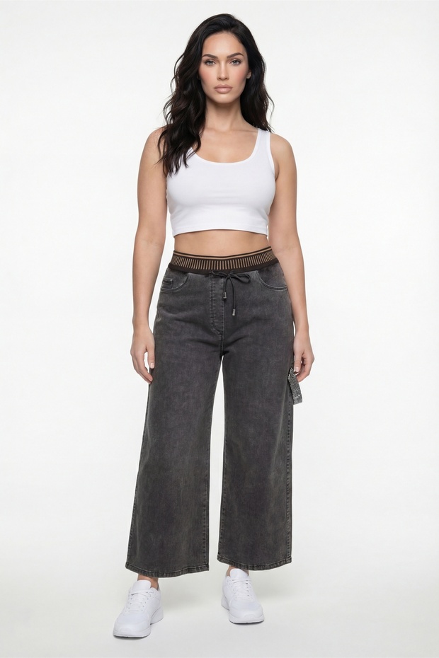 Women's Black Seasonal Waistband Pants with Stretchy Ribbed Stones, Pack of Wide-Leg