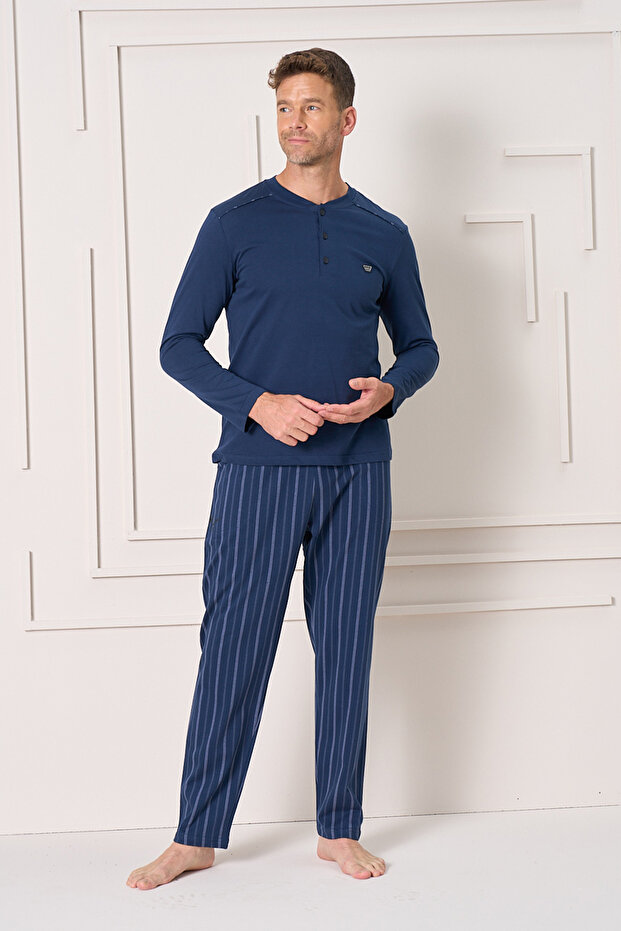 Large Size Men's Combed Cotton Half Button Detail Long Sleeve Pajama Set 2145 Navy Blue11