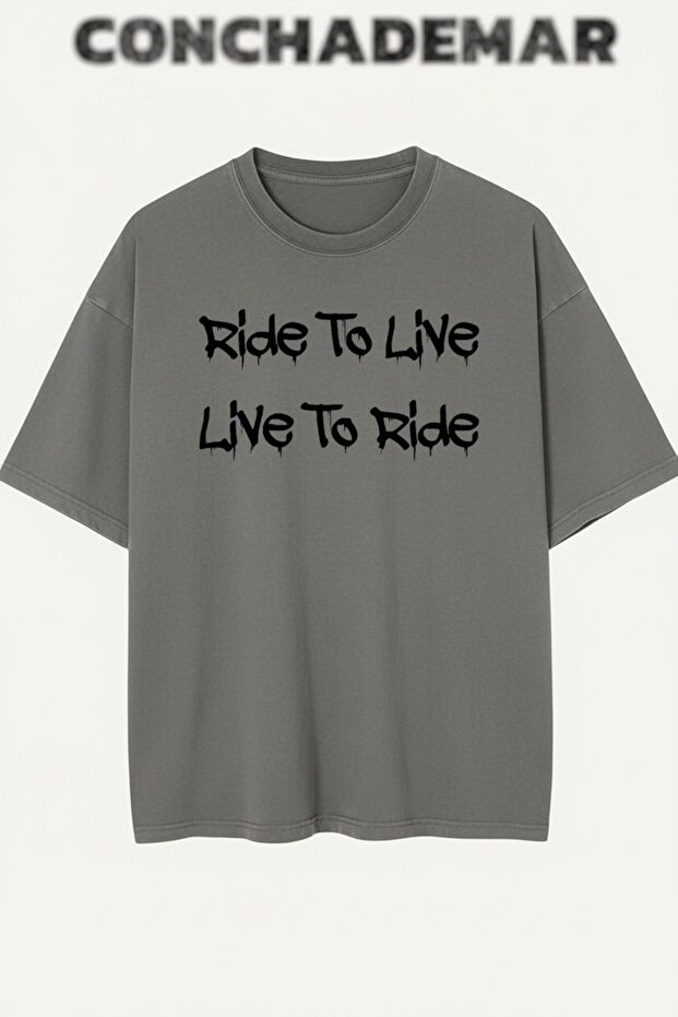 تي شيرت Ride To Live مطبوع Premium Oversize مكون من قطن قطع