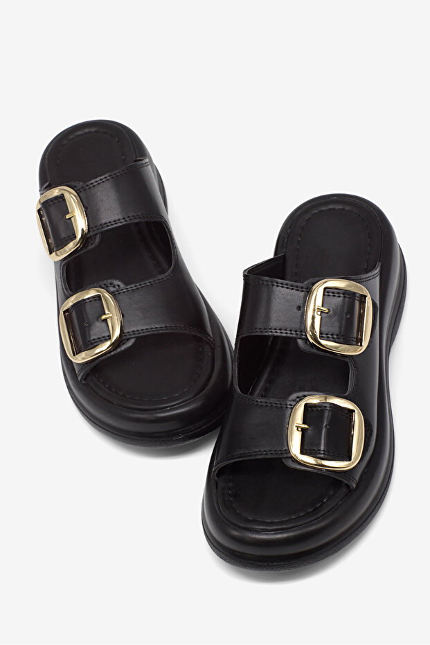 Women's Black High-Sole Comfortable Shoes Double Buckled Slipper