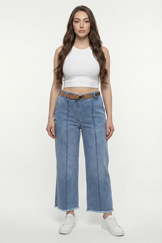 Women's Navy Blue Seasonal Elastic Waist Belt Piece Pipe Leg Trousers