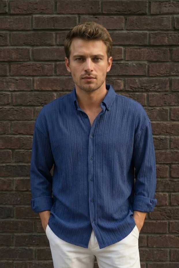 Men's Striped Textured Summer Shirts Long Sleeve Comfort Fit Button down Indigo Casual Shirt Ls-13037