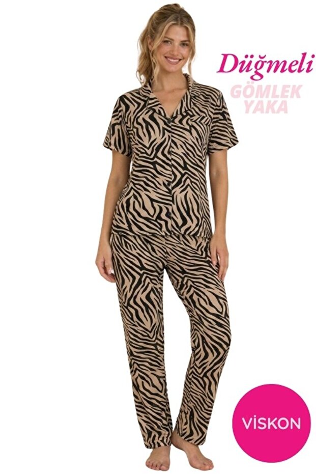 طقم بيجامة نسائي من Zebra منقوش بأزرار أمامية ياقة قميص ساتان حواف أسطوانية صدر بجيوب فيسكوز بأكمام قصيرة