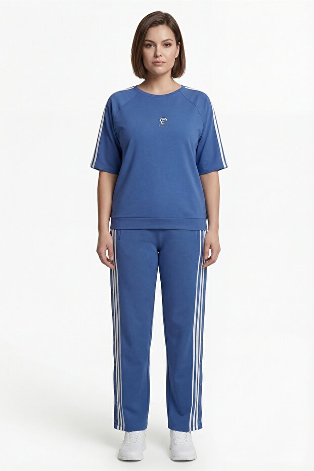 Women's Indigo Summer Tracksuit Set with Elastic Waist and Side Buttons and Stripes