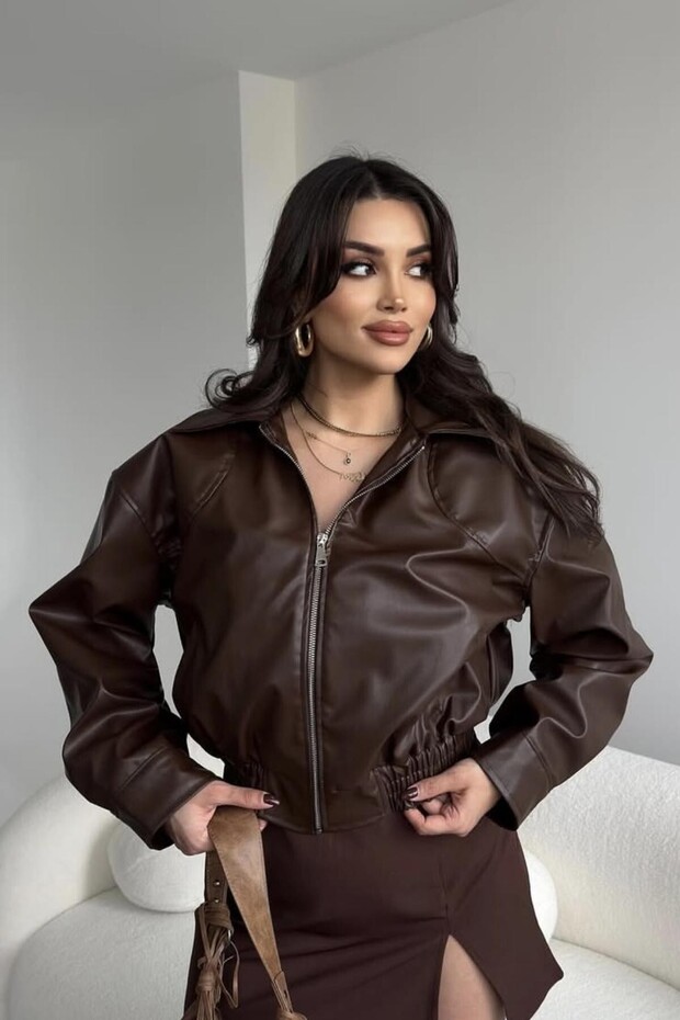 Paris Oversized Elastic Waist Brown Bomber D Leather Jacket