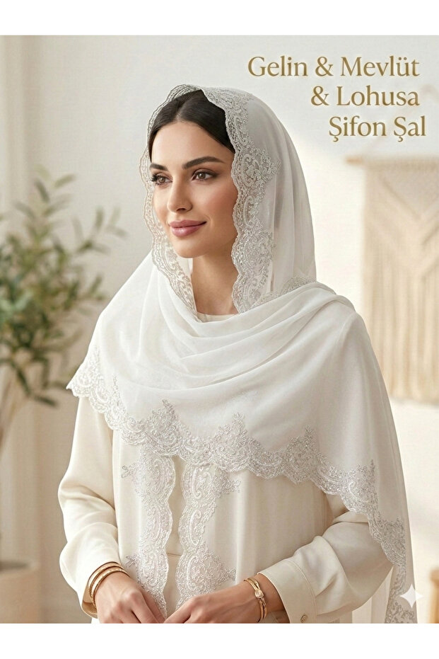 French Lace Piece Chiffon Shawl - Bridal & Mevlüt & Maternity Shawl