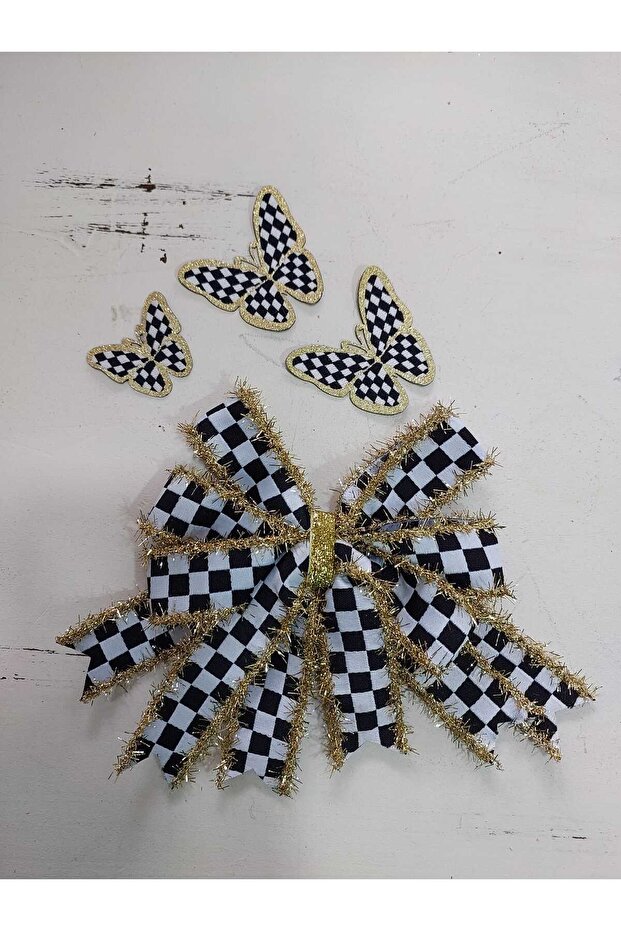 Checkered Glittery Ribbon Butterfly Bow Set, Textile, Door Decoration, Decor, Gift, Artificial Flower