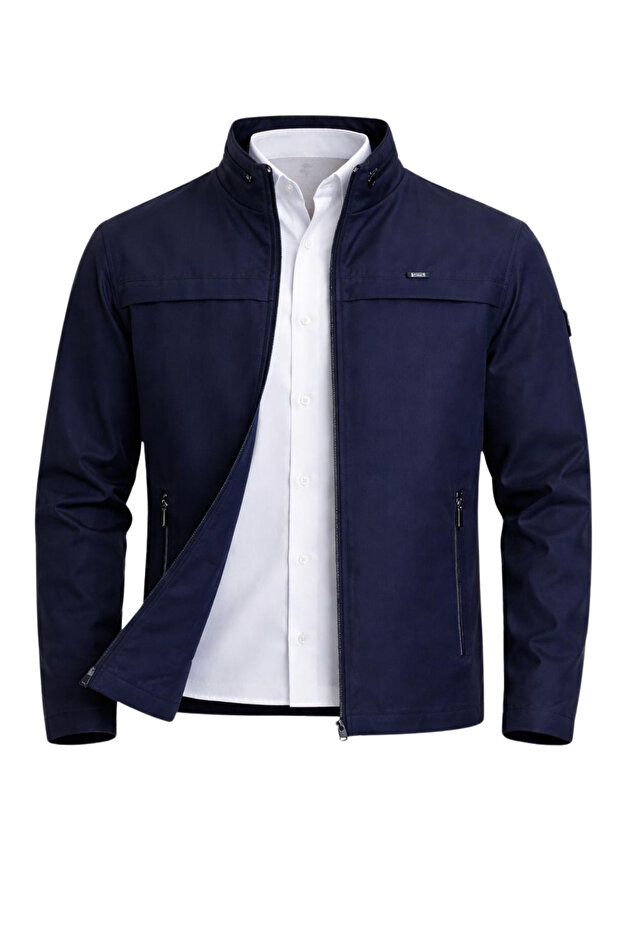 Navy Blue Men's Cotton Polyester Blended Waterproof and Windproof Seasonal & Summer Coat