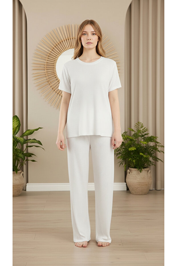 Knitted Viscose Crew Neck Short Sleeve Pajama Set Bm-1769