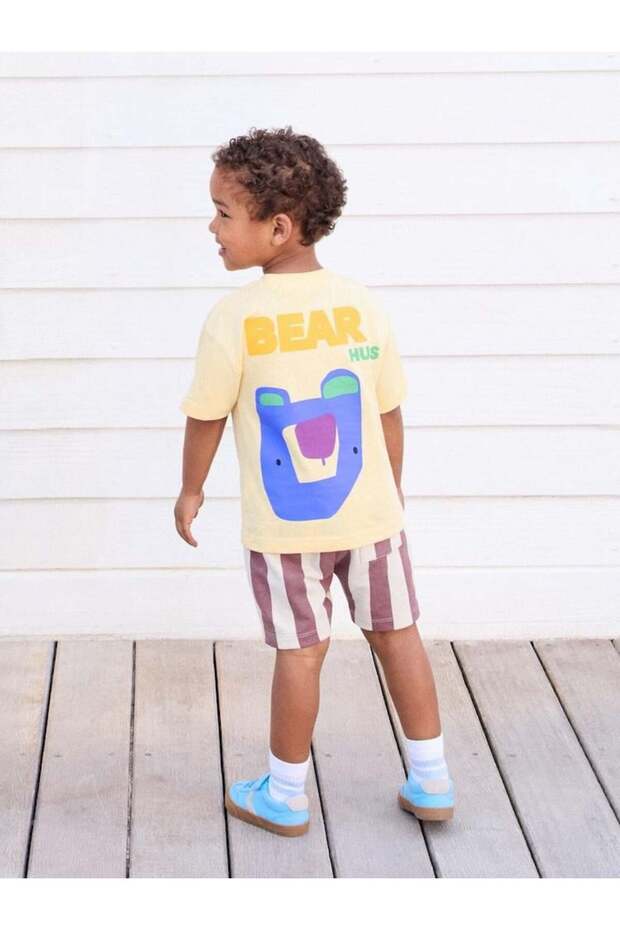 Boy's Cotton Piece Yellow Bear Printed T-Shirt and Striped Shorts Set - Summer