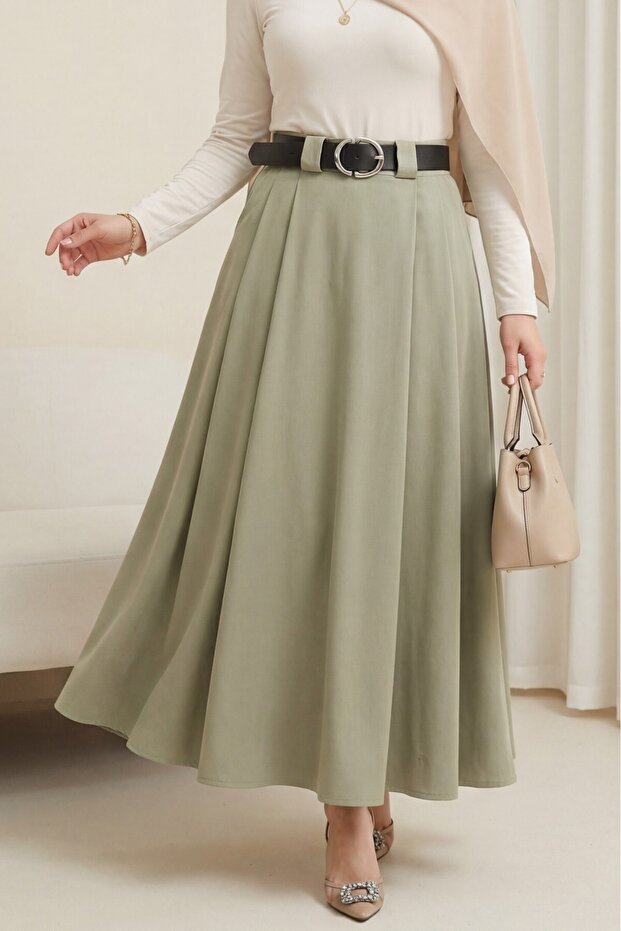 Thick Belt Layer Tivil Skirt with Pleated Side Zippers on the Front -Khaki